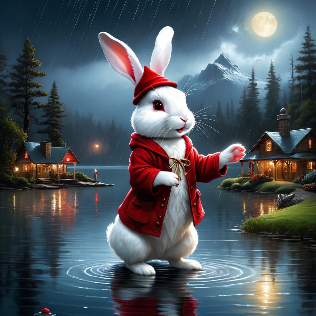 A white rabbit wearing a red hat
