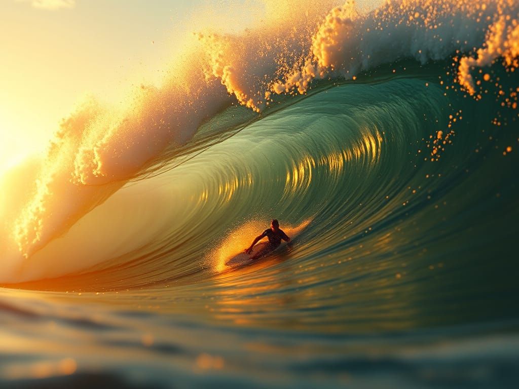 Vibrant cinematic film still. Medium shot. Surfers riding a massive wave. Wide angle lens. Golden hour ...  by @haightash wong