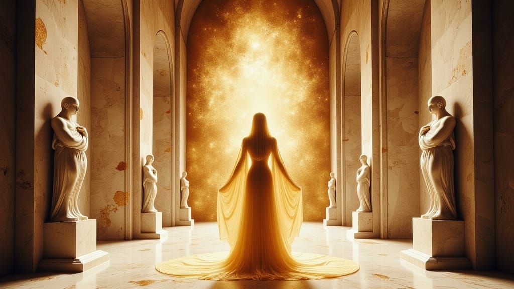 “A timeless masterpiece reborn — a fusion of Renaissance artistry and futuristic imagination. A grand marble hall illuminated by golden morn...