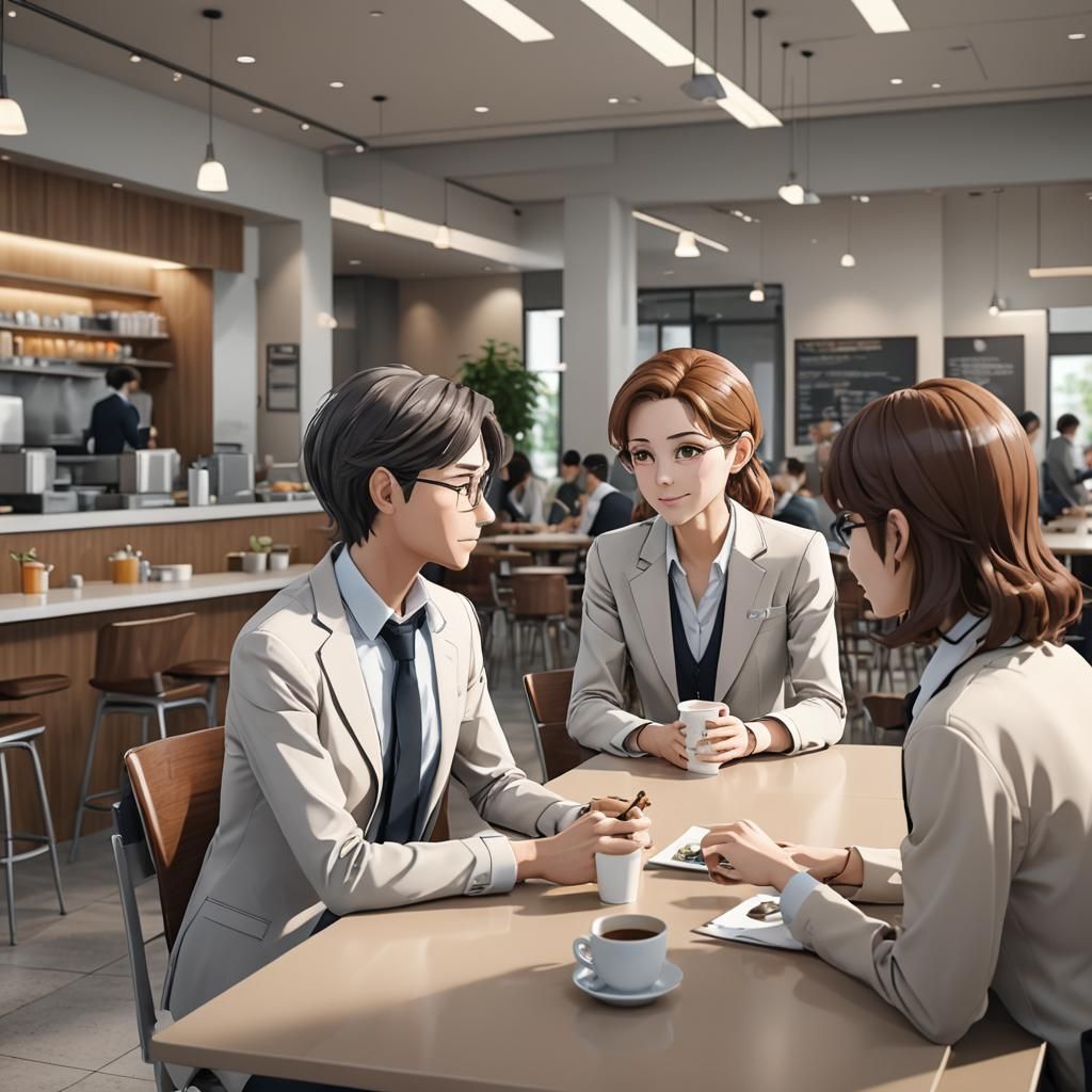 Generate a realistic anime image of a real estate agent talk...
