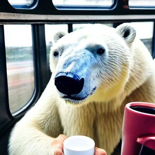 A polar bear drinking coffee on the train