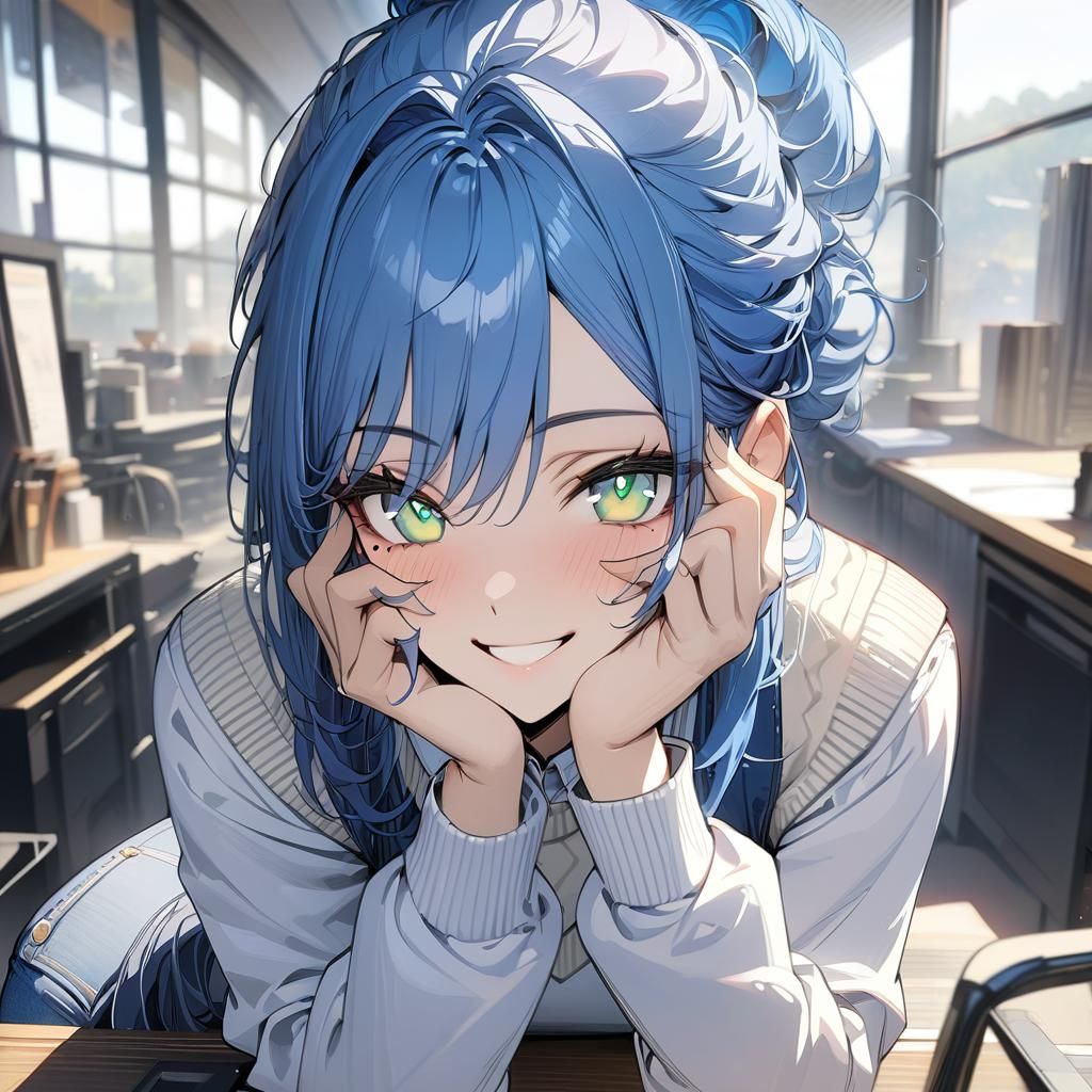 Anime Girl with Blue Hair and Star Eyes