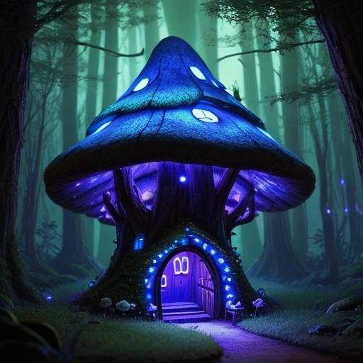 A fairy mushroom house in an enchanted bioluminescent forest...