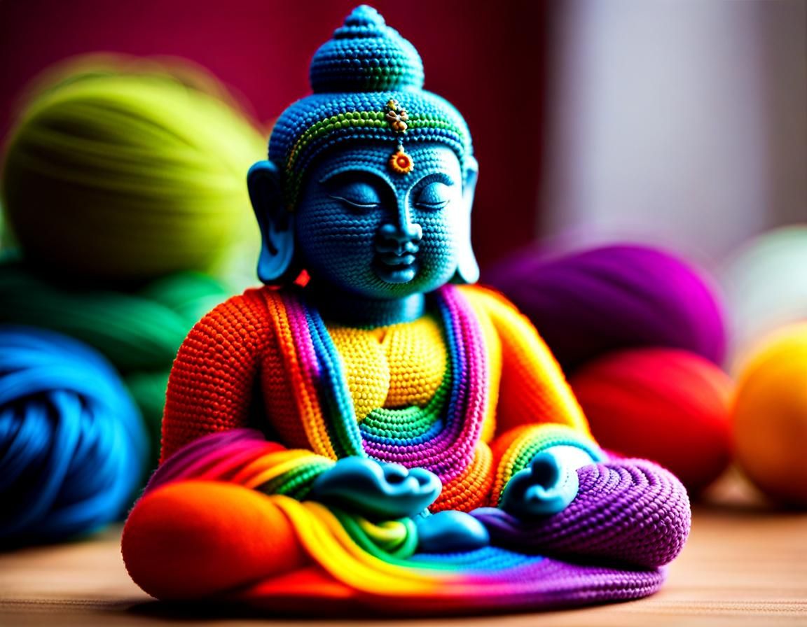 A 3D detailed crocheted serene rainbow-coloured Buddha sits meditating ...