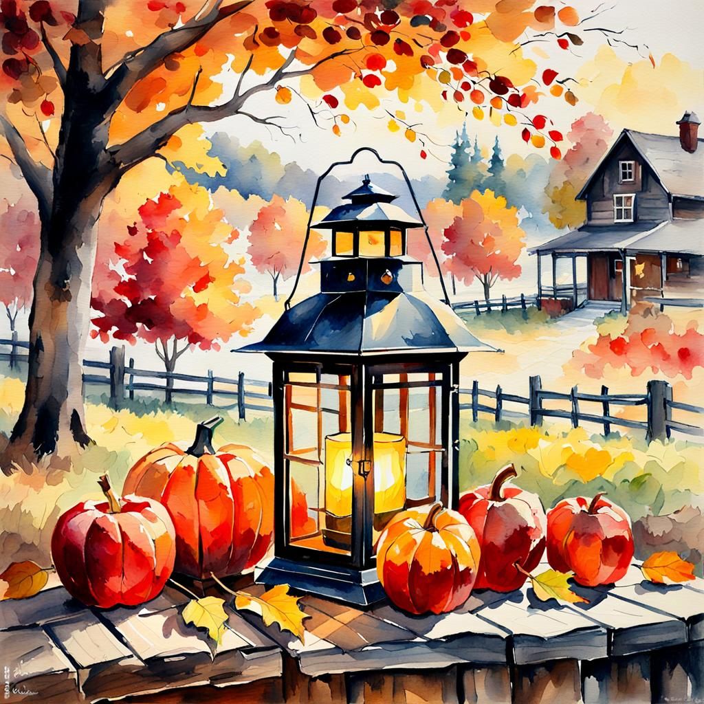 A beautiful autumn still life with a lantern, apples, pumpki...