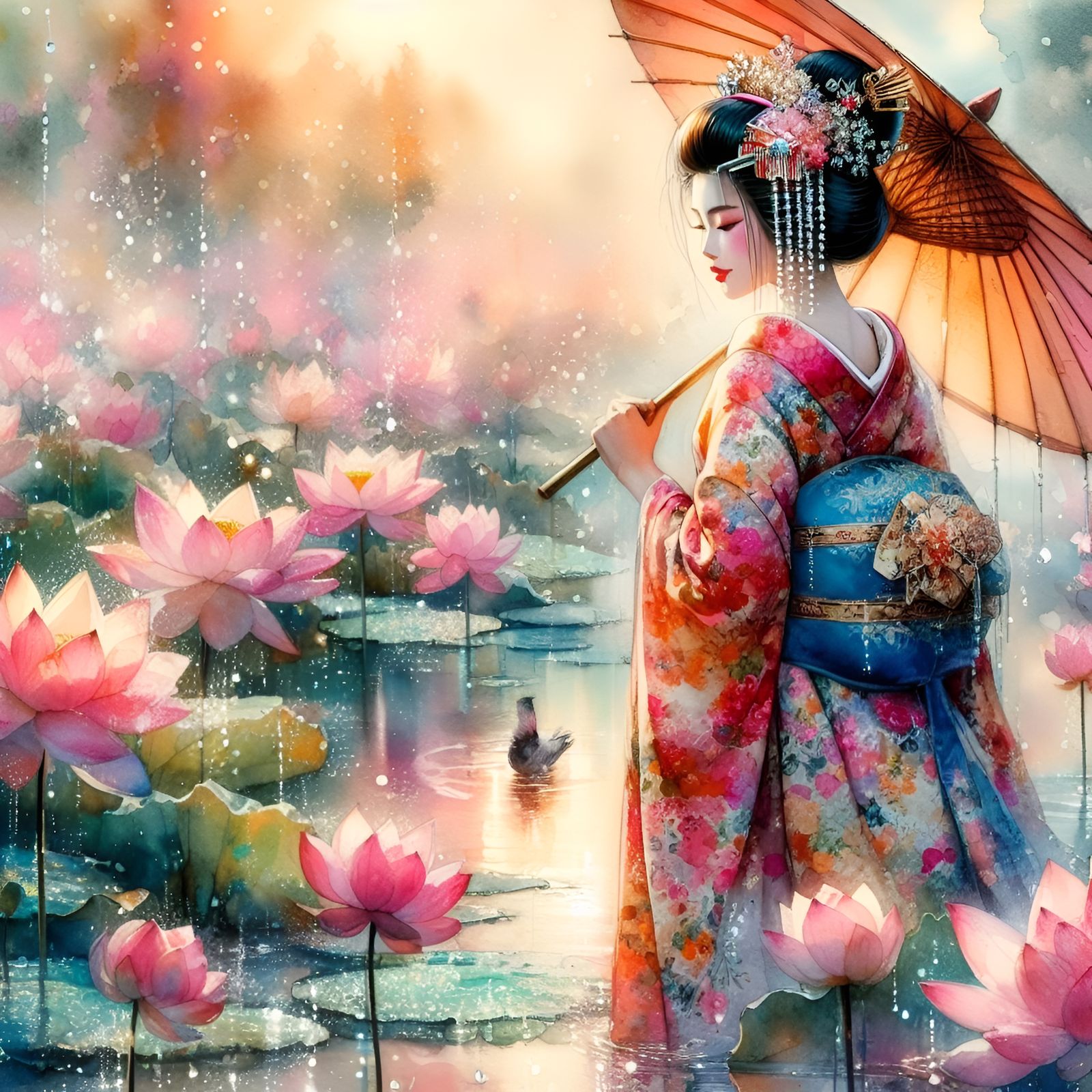 Geisha in a Lotus pond - AI Generated Artwork - NightCafe Creator