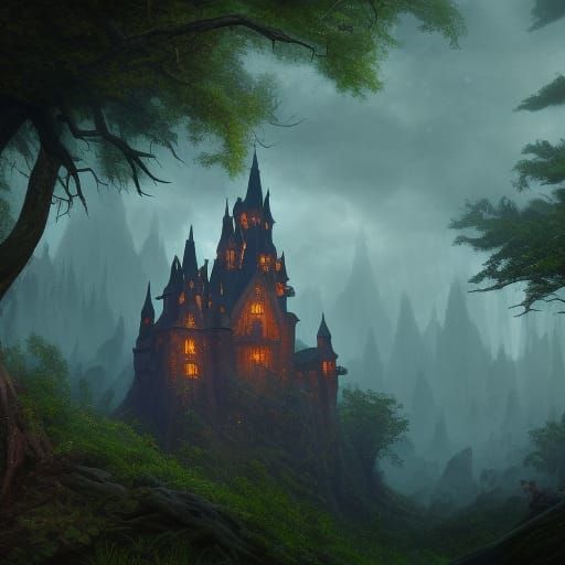 a castle in front of a dark forest, where the forest’s canop...