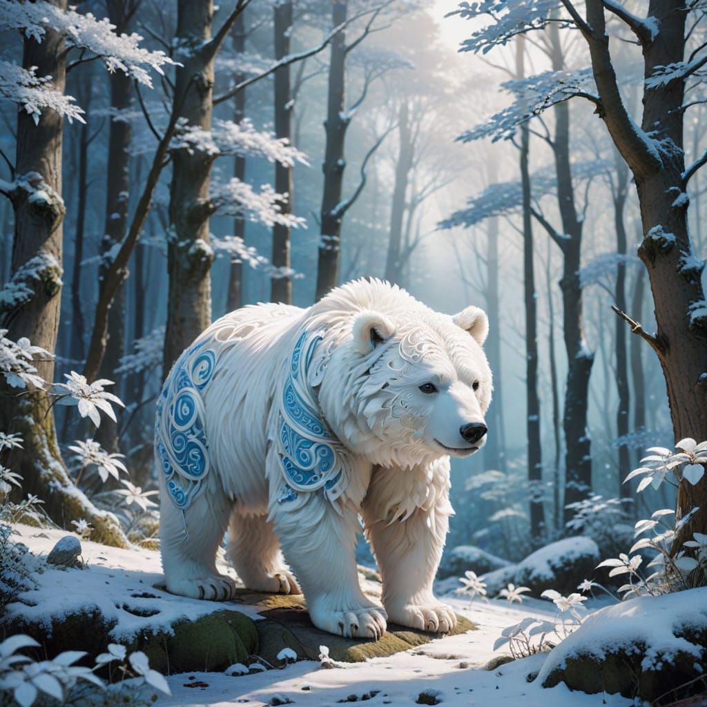 Whimsical Winter Bear in Celtic-Inspired Anime Landscape