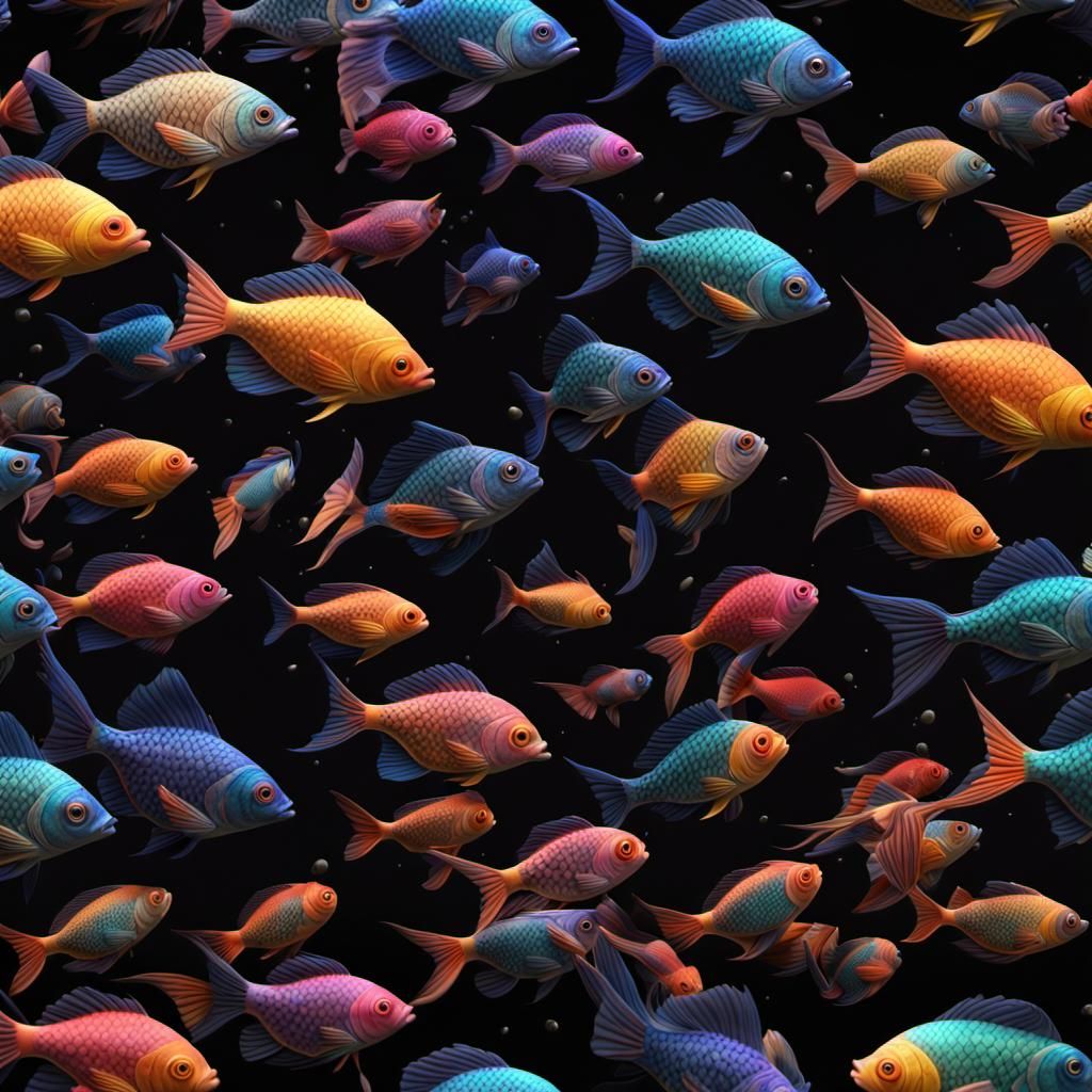 100 colorful Fishes on black background
