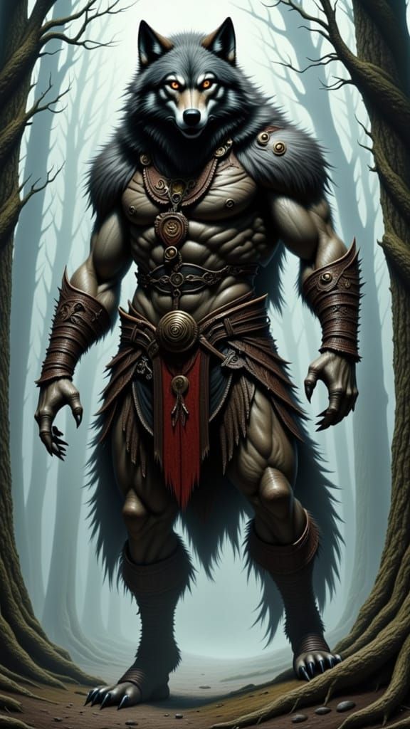 Wolf Man in Misty Forest, Dark Fantasy Art