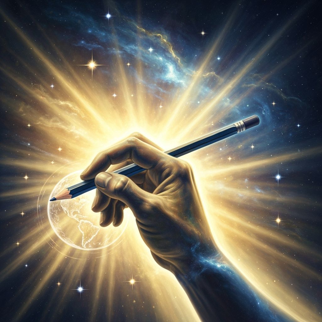 The hand of god using a pencil to draw the world
  by @Hollyberry