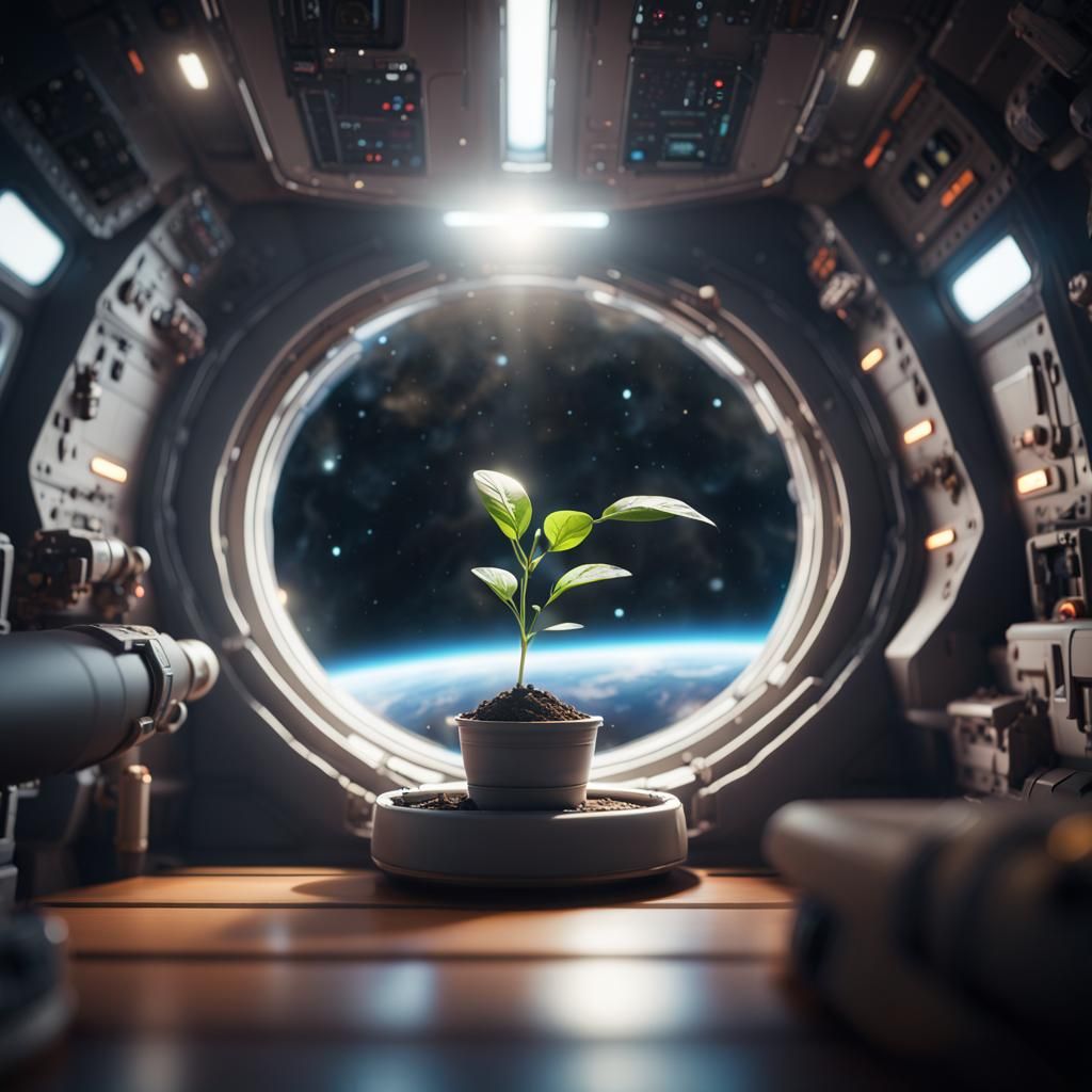 (A illuminating seedling growing in a 
Astronautsboot inside a spaceship 1.3) in the background is a ...  by @Risiam 