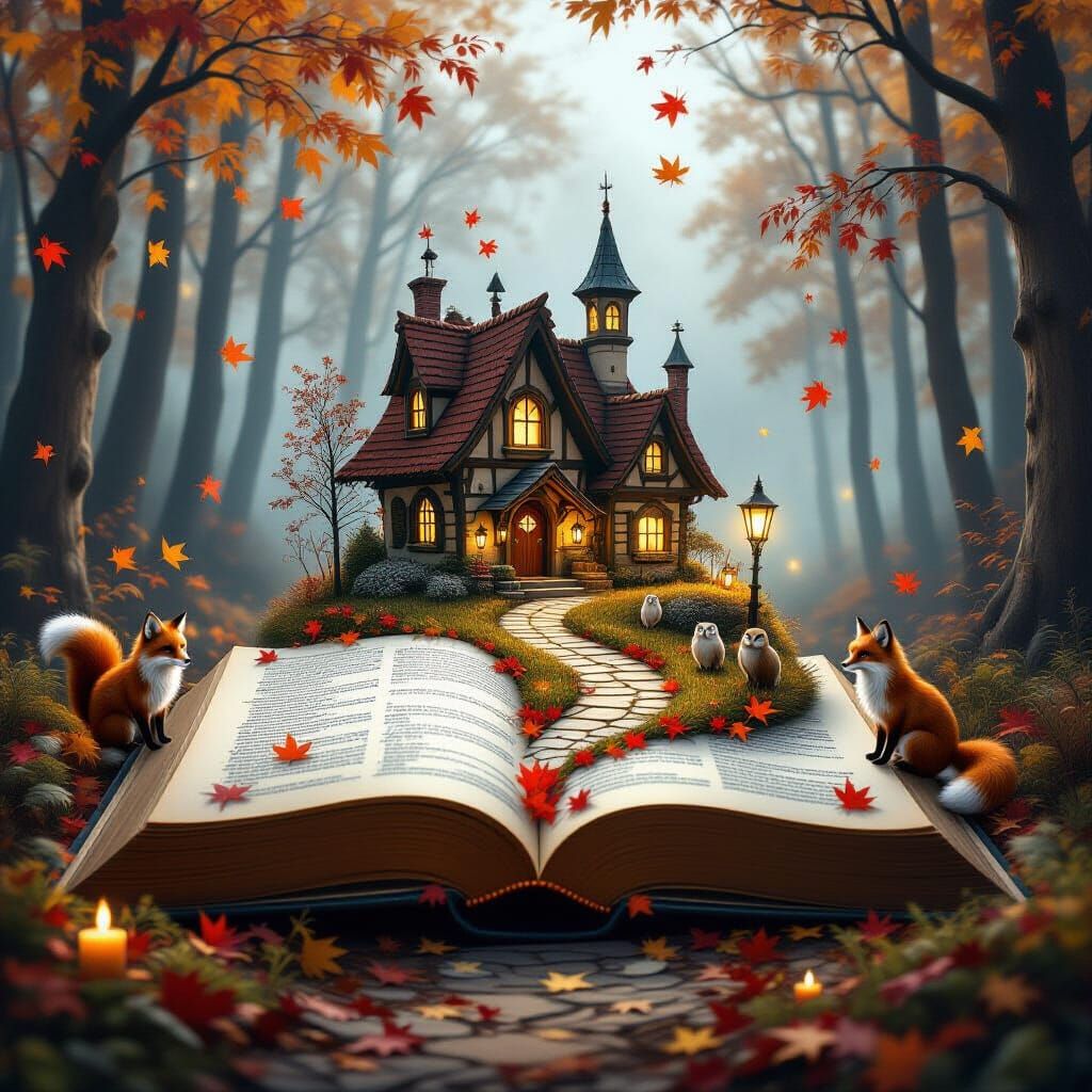 Mystical Autumn Village Rises From Glowing Open Book