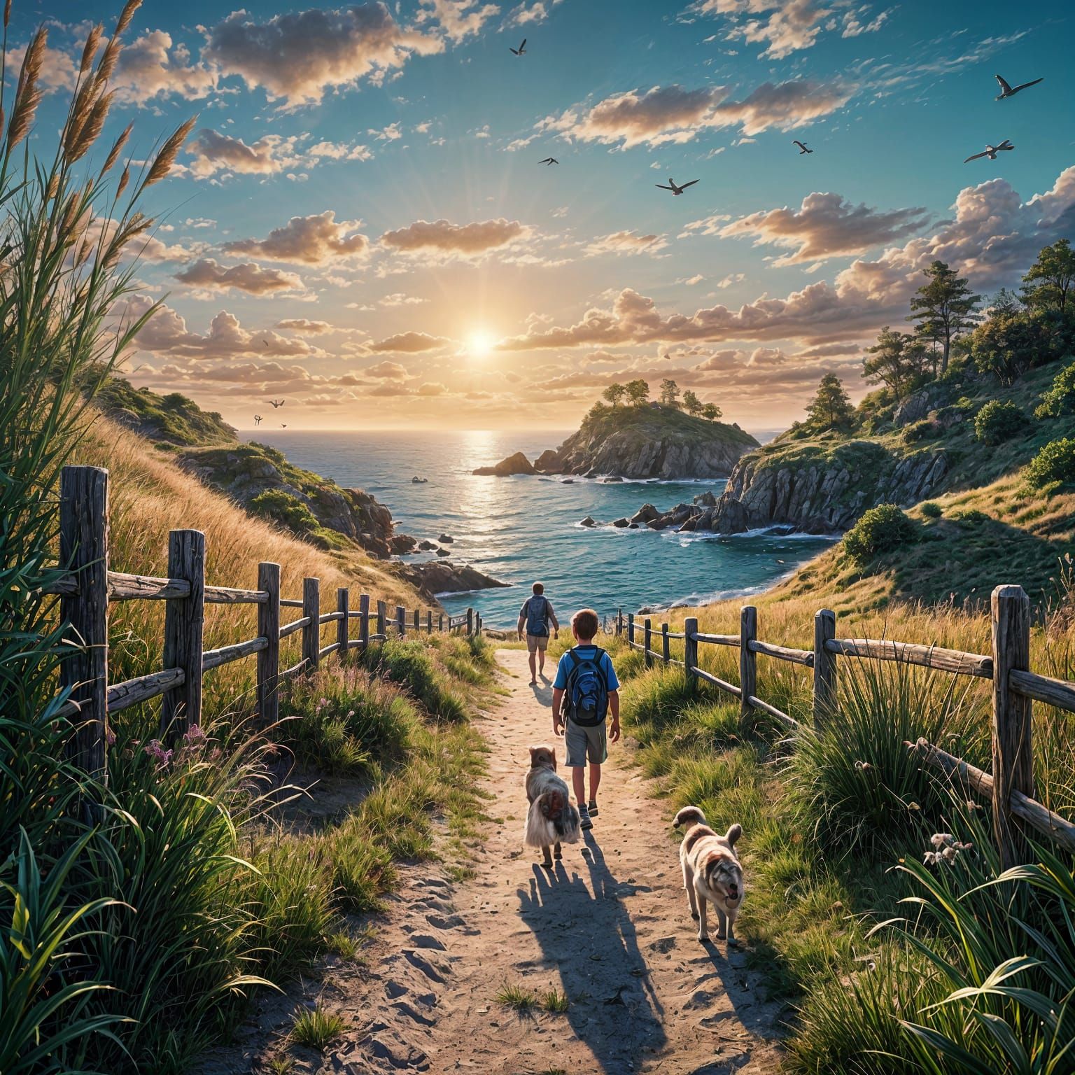 Path through high beach grass with fence on both sides three kids with fishing poles and dog walking to a sparkling blue cove with glorious...