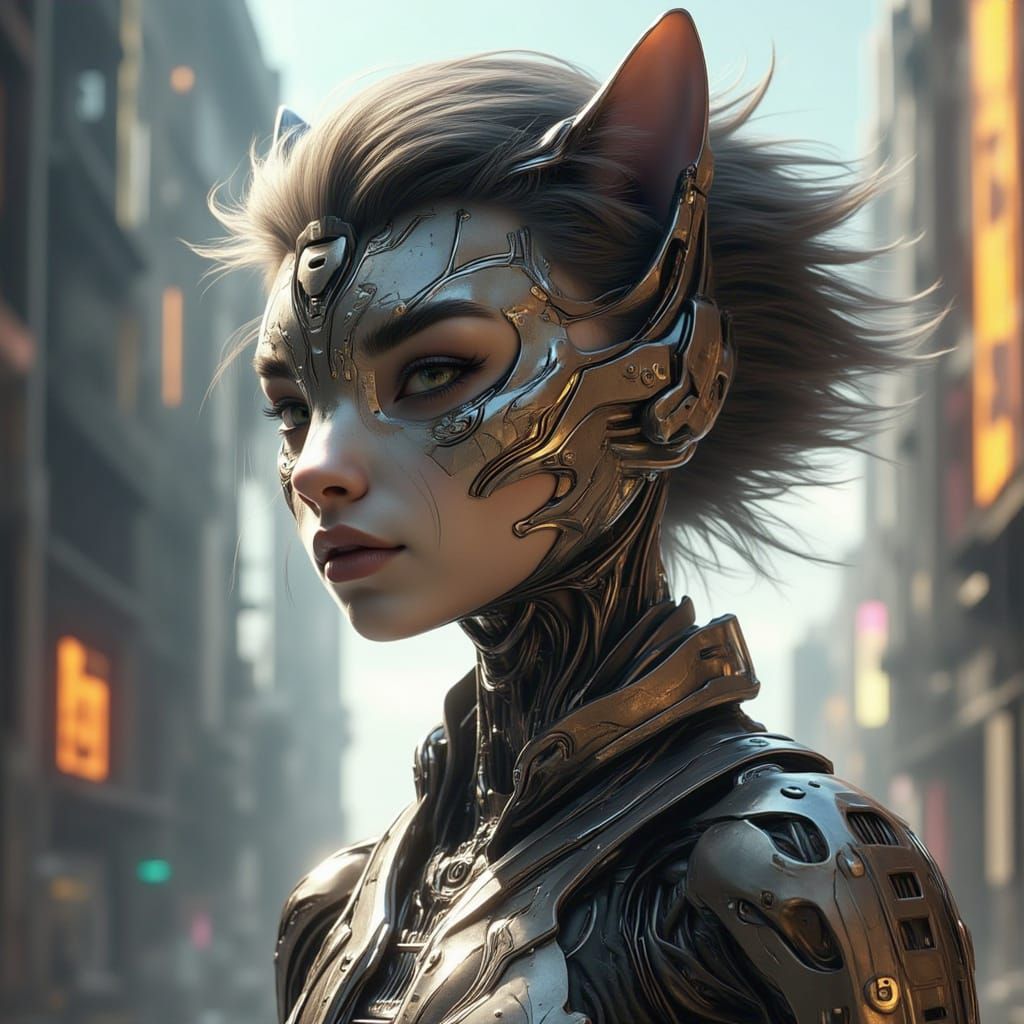 <lora:Beast Wars:1.0> Futuristic female humanoid cat warrior, wearing sleek metallic armor.