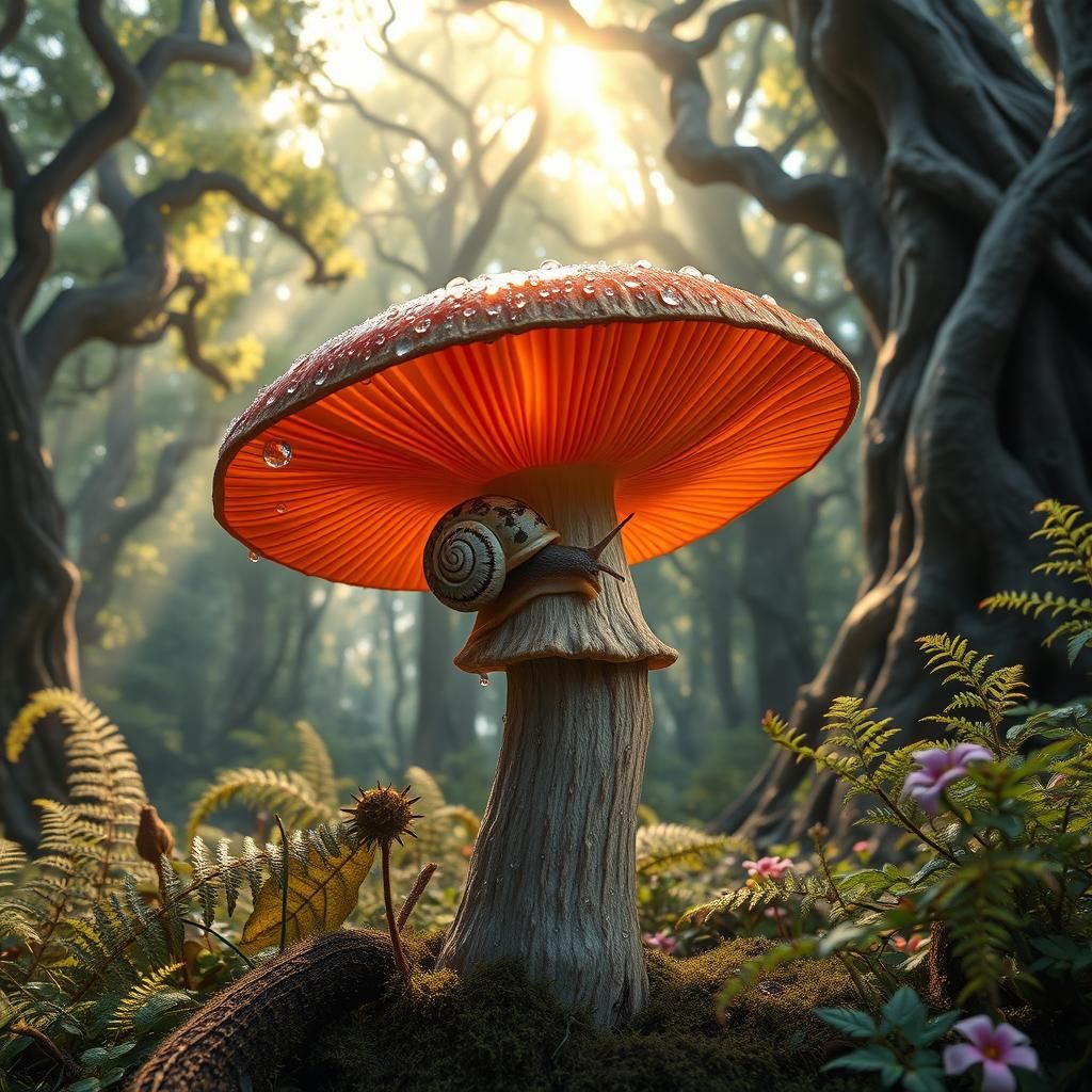 snail on a boletus mushroom cap in a fairytale forest early in the morning