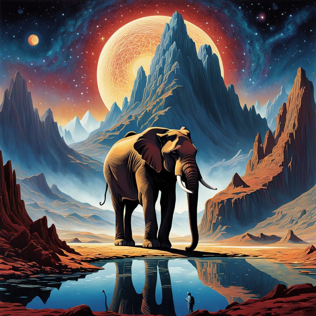  A colossal, ancient elephant with skin like cracked earth stands majestically atop a jagged mountain peak. Starlight glints off crystalline...