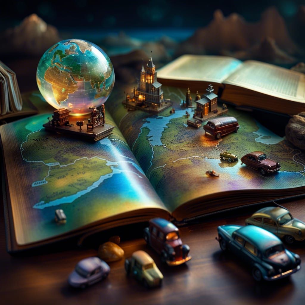 Miniature_holographic_world maps_road, cars, truchs coming_o...