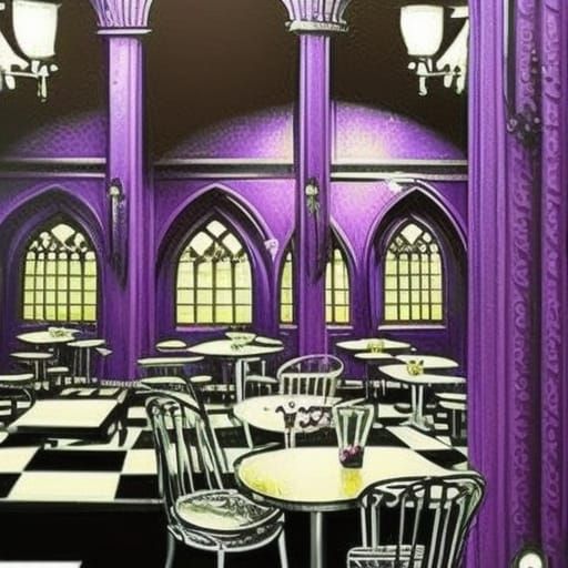 Gothic coffee cafe with Black walls with purple accents& Beautiful