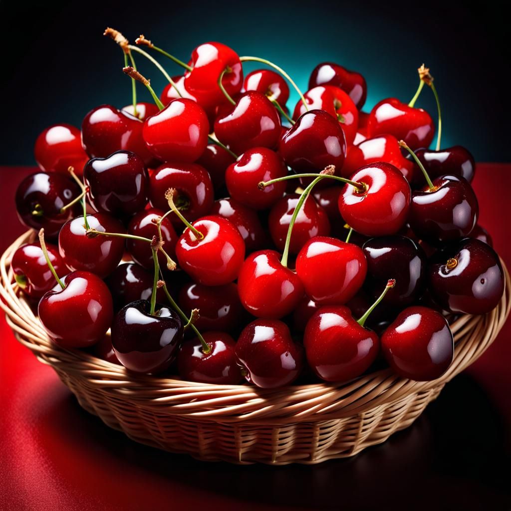 basket of bright red fresh cherries, Hyperrealistic, splash art, concept art, mid shot, intricately detailed, ...  by @undefined