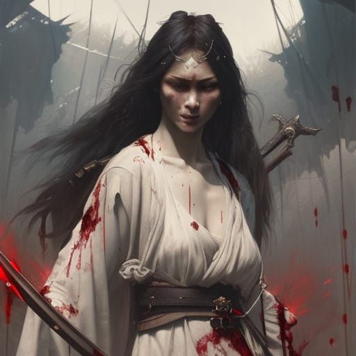 caucassian women. blood. samurai sword. angry. masterpiece, ...