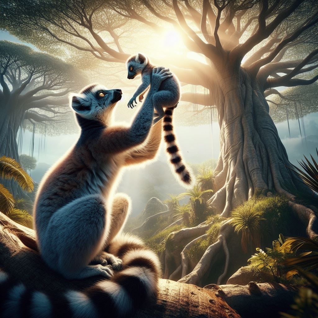 Lemur family in a Baobab tree