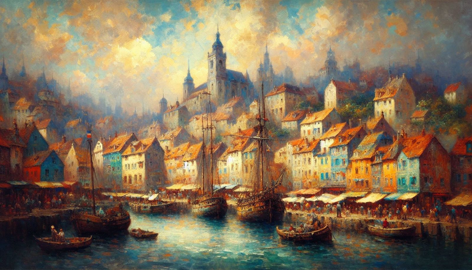 Harbor. Oil painting in style of William Turner. 4