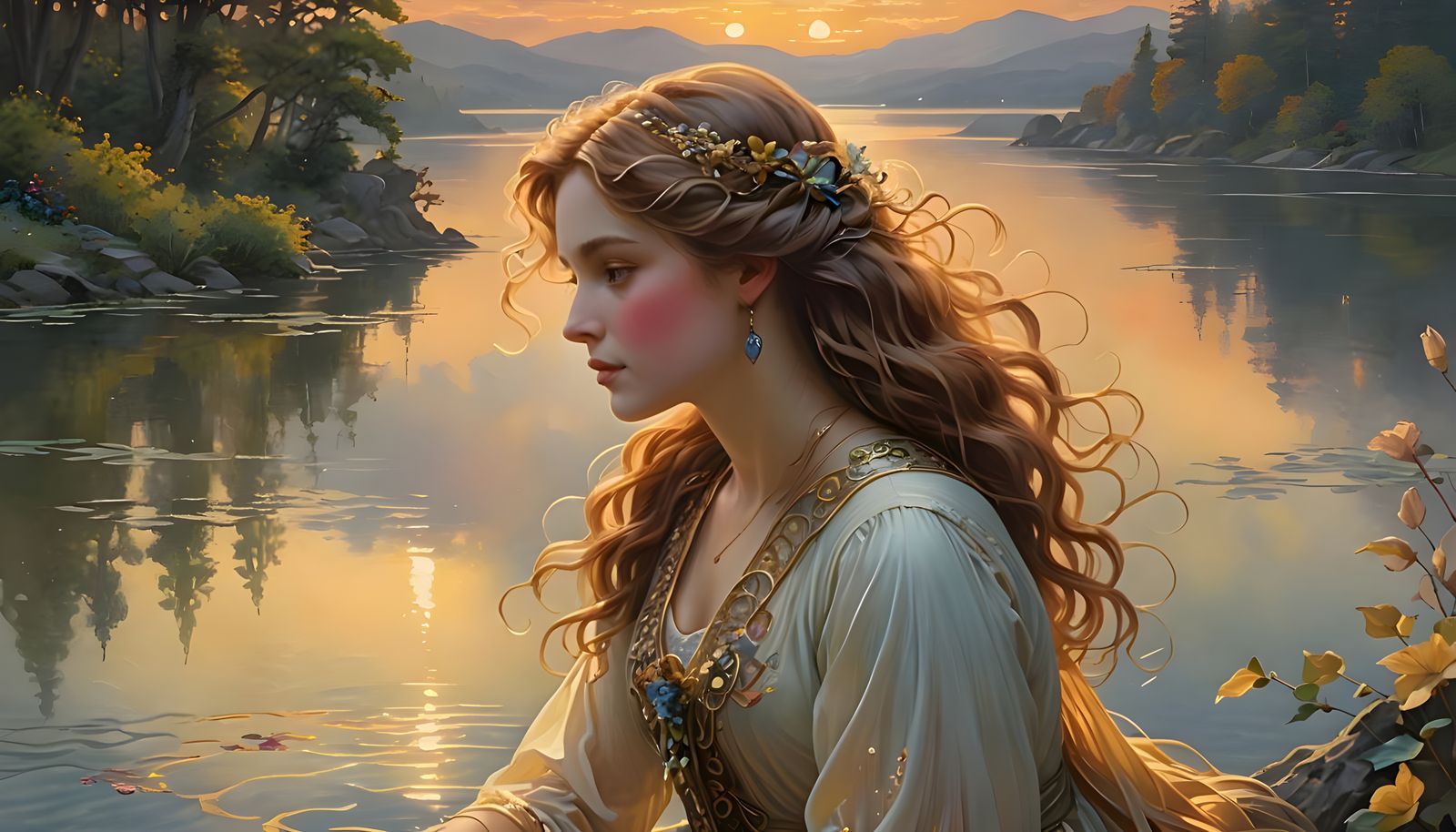 A lady, her hair kissed by the last sunbeams, sitting at the...