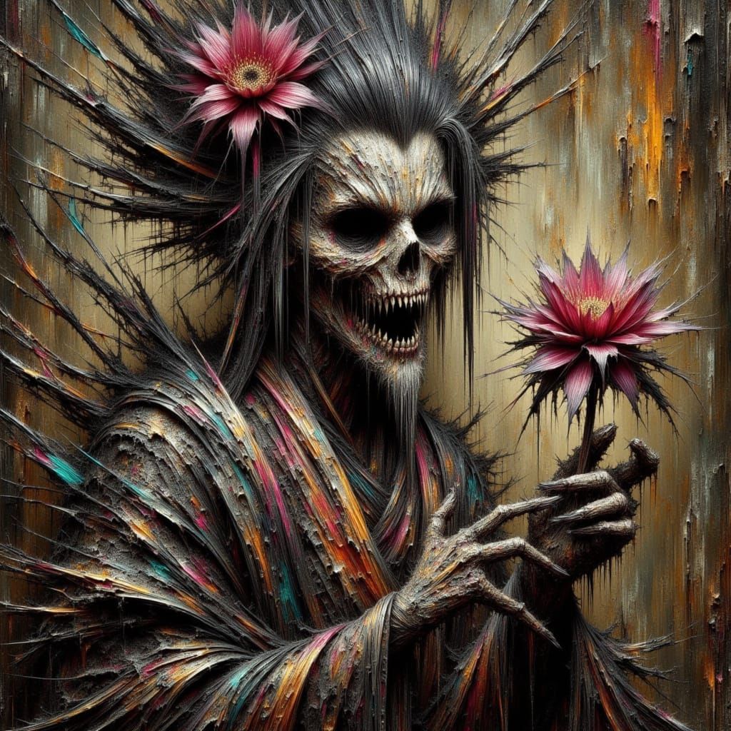<lora:Corroded:1.0> a decrepit and corroded Geisha holding a flower