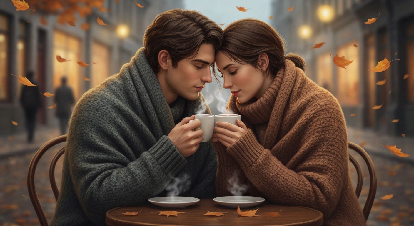 A couple enjoying hot chocolate at a quaint outdoor cafe, with steam rising from their mugs into the ...  by @Skaterdog