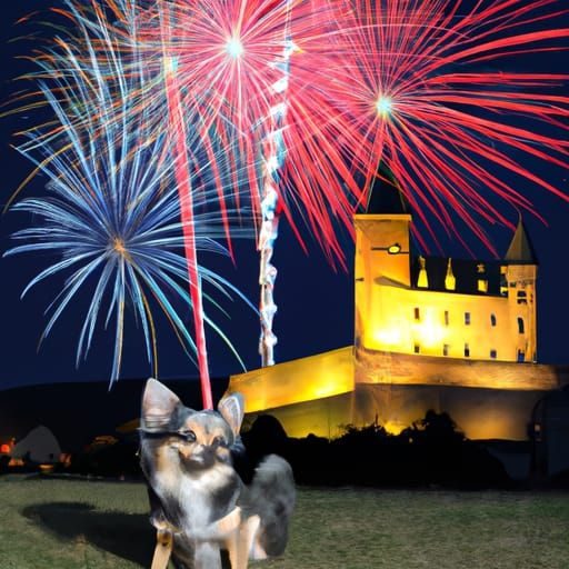 Castle and dog with fireworks