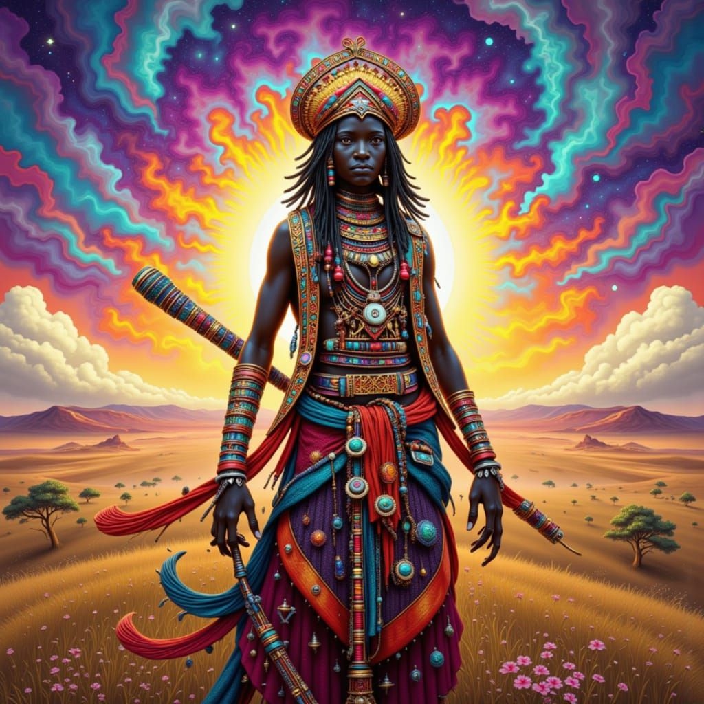 Kai-matutsi, a Maasai warrior, standing proudly in a savannah landscape, adorned in traditional attire, with intricate beadwork and vibrant ...