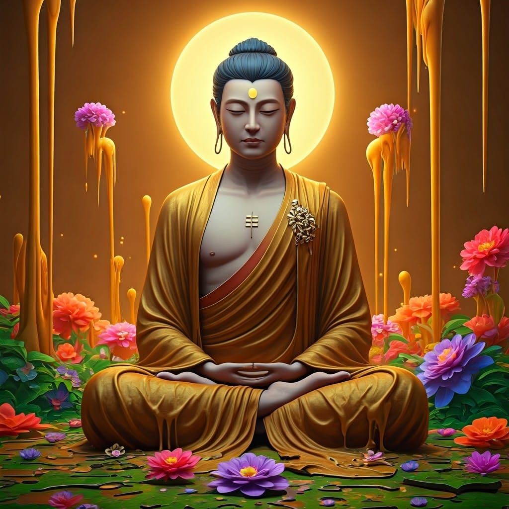 Serene Figure Meditates in Dreamlike Landscape with Vibrant....