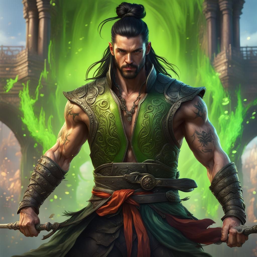 Colorful fantasy, male fighter, long black hair in a top kno...