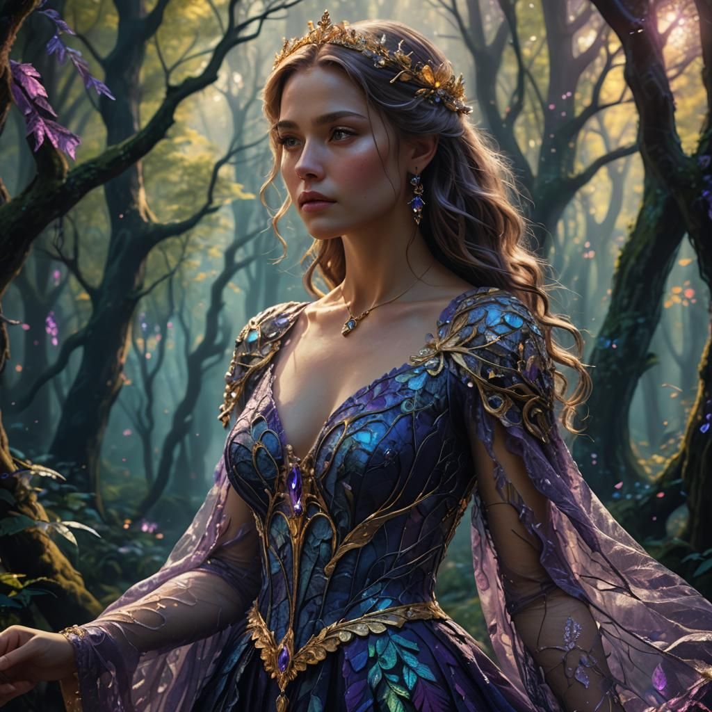 Elegant Woman in Mystical Forest: Fantasy Concept Art