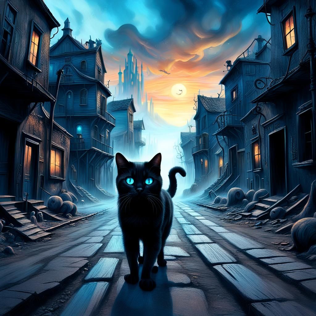 Black cat walking down a ghost town with ghosts in the background realistic with big blue eyes