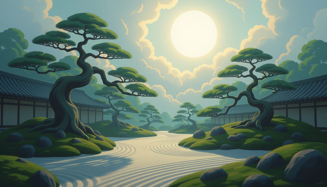 A serene Zen garden, bathed in the soft, diffused light of a distant, alien sun. Ancient, moss-covered trees twist towards the heavens, thei...