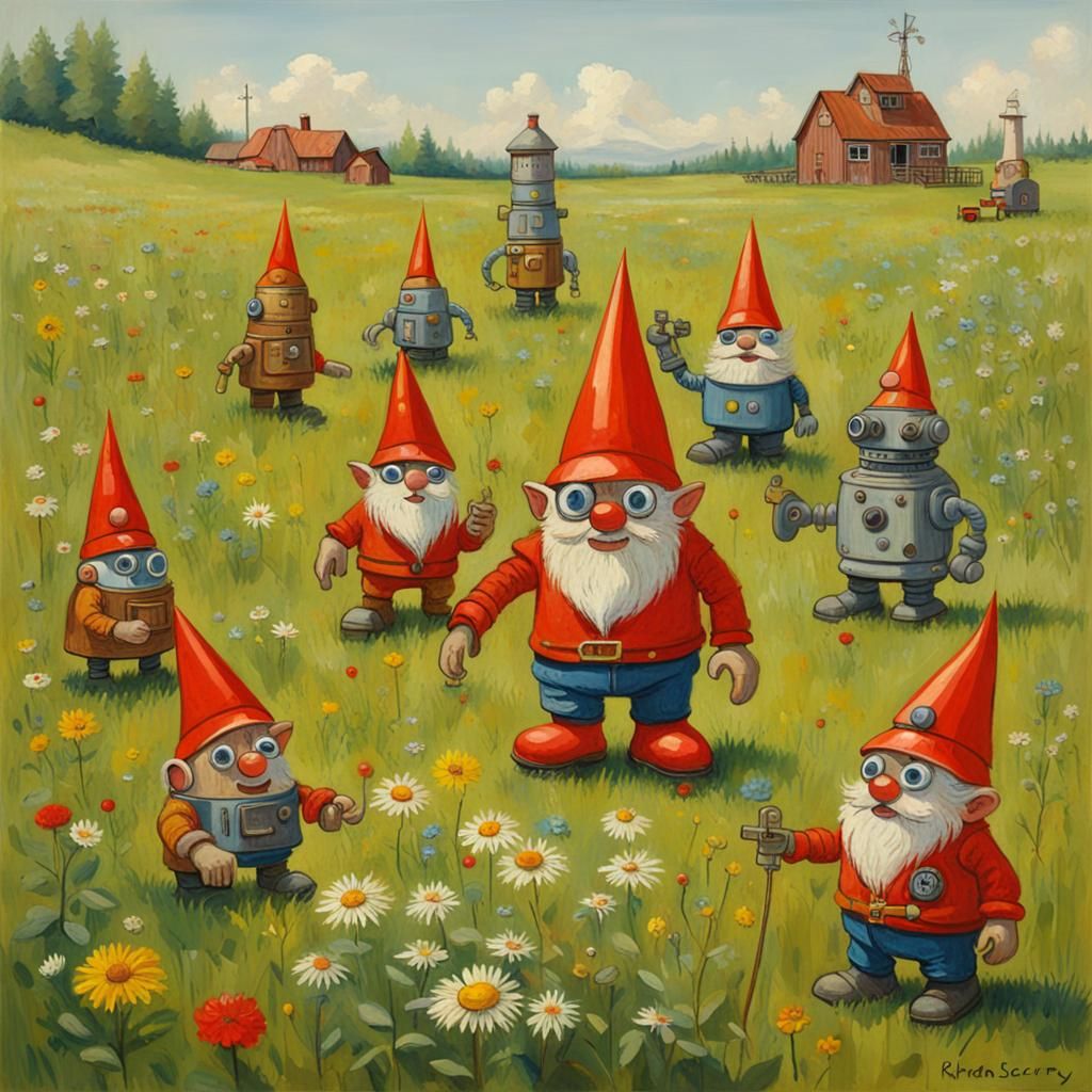 Gnome robots in a meadow.