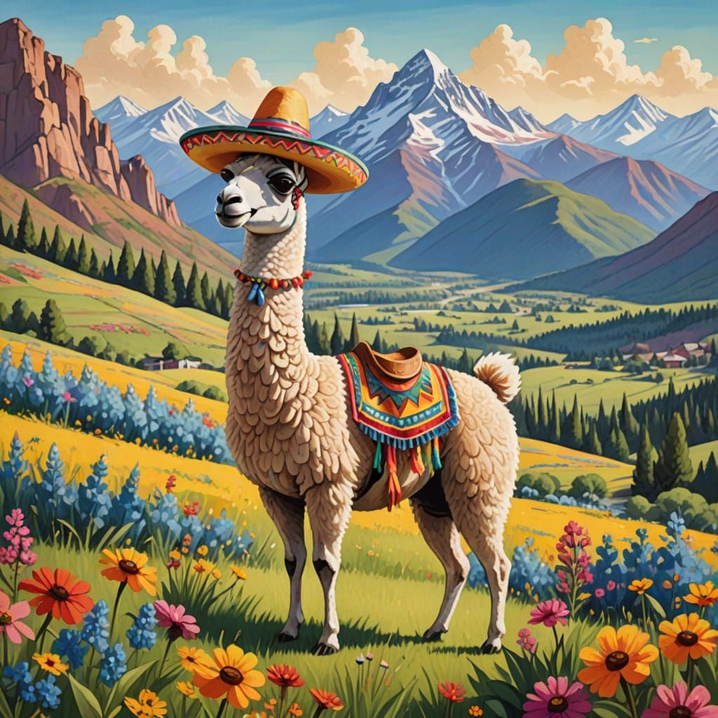 A dapper llama wearing a brightly colored sombrero, standing proudly in a field of wildflowers, with ...  by @David Ancliff 