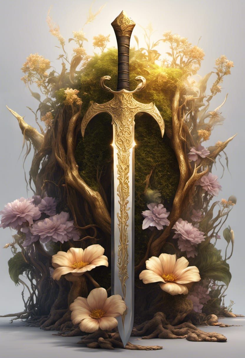 Golden sword with wooden handle and crossguard surrounded by...