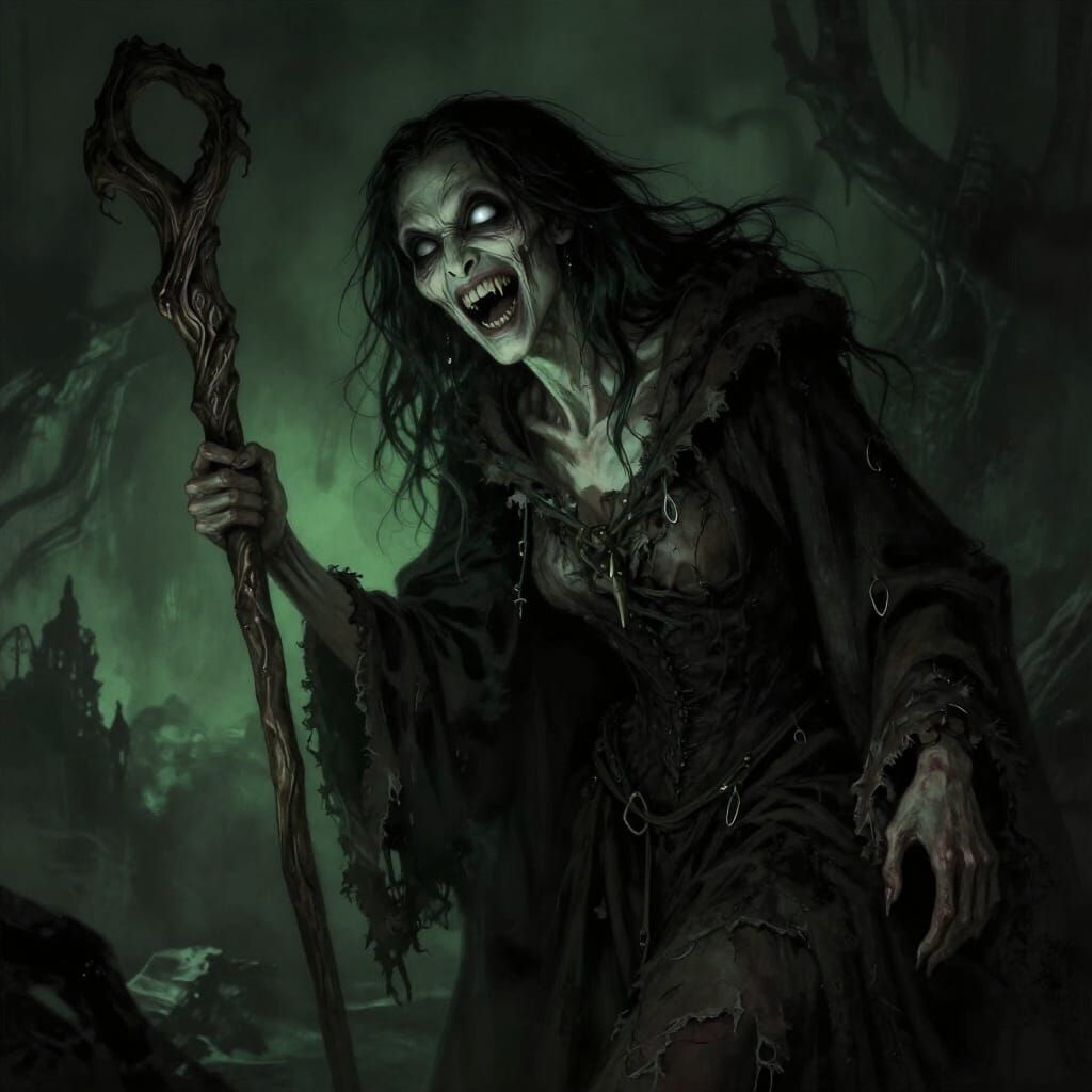 Wicked Sorceress Laughing Maliciously in Dark Fantasy Style
