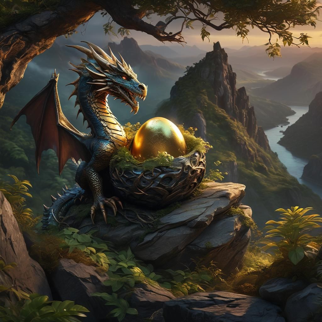 A dragon in nest with golden egg, beautiful landscape below, dynamically abstract futuristically magical fabulous
