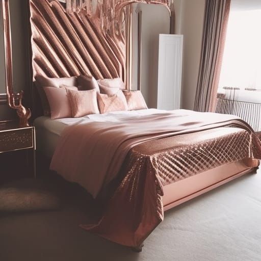 Beautiful rose gold bed with Rose gold sheets and blankets& Rose gold metal frame& glamorous