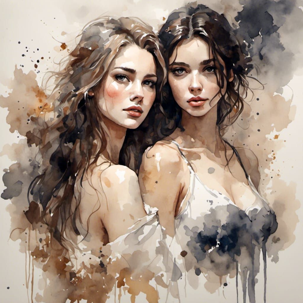 Stunning blonde woman and a stunning brunette woman  fantasy <lora:Antique Watercolor:1.0>