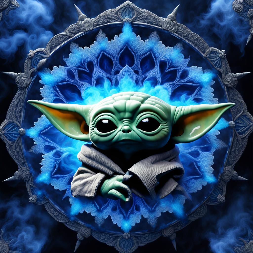 A photograph portrait of a Baby Yoda Mandala, In darkness, rising Blue ...