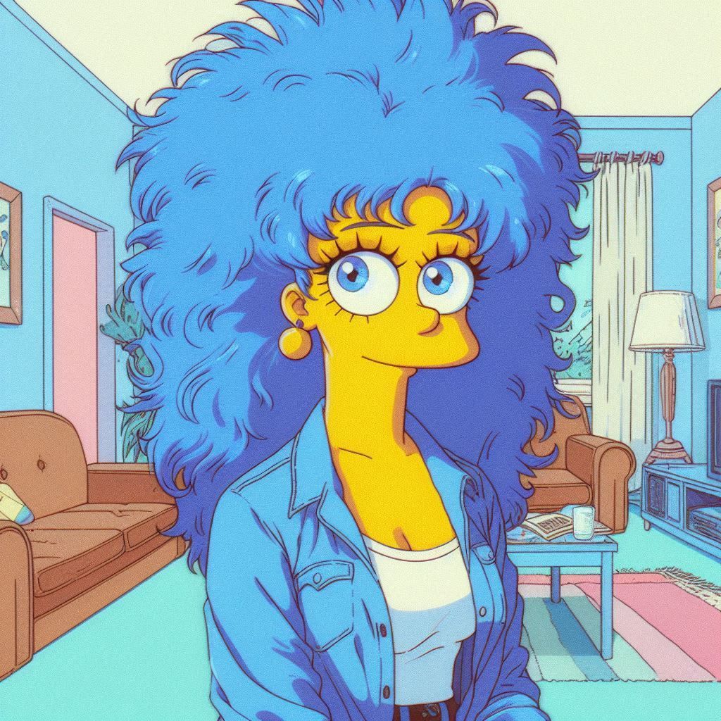 a 1980s anime style image of Marge Simpson drawn in human an...