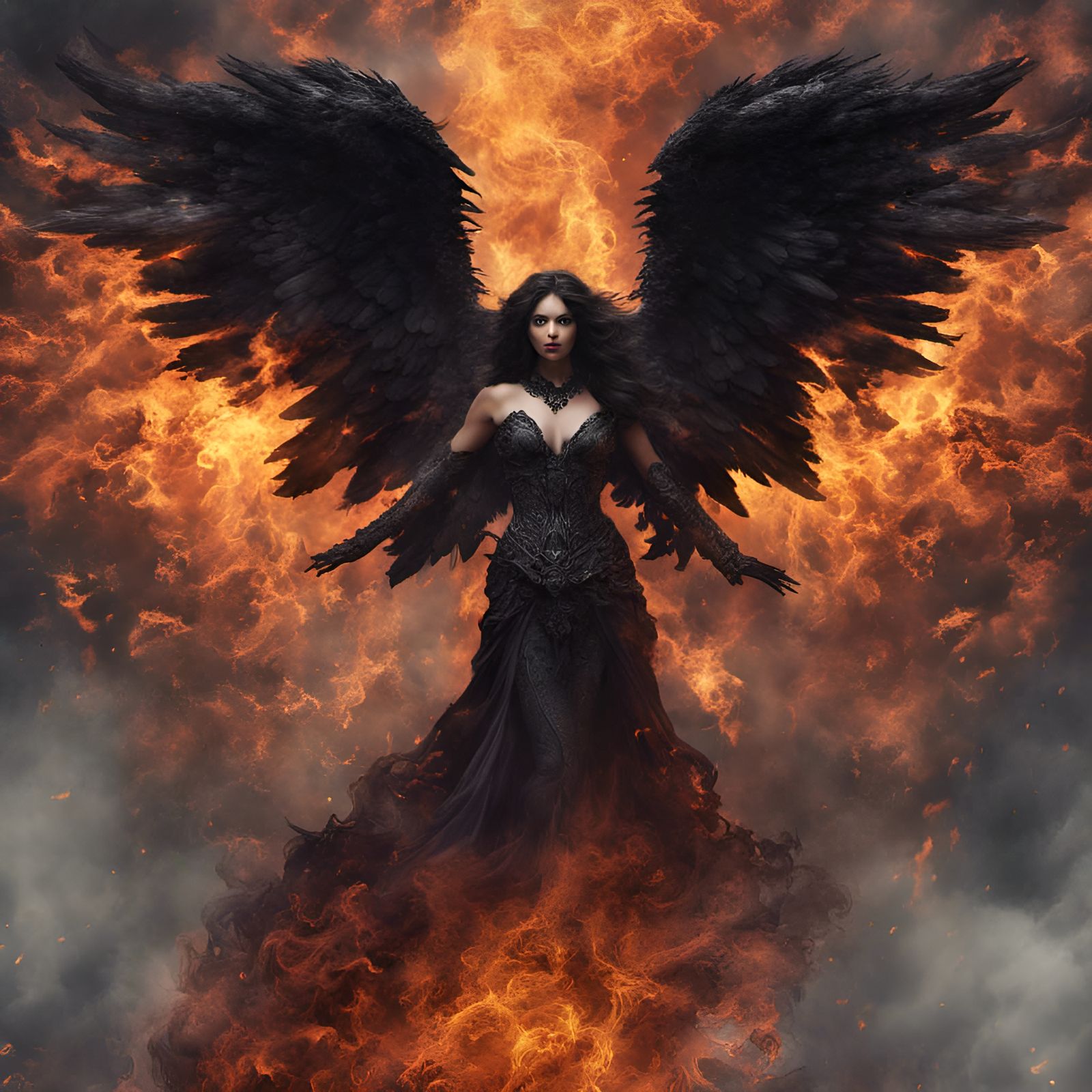 Flaming beautiful dark angel with black wings facing front, fire