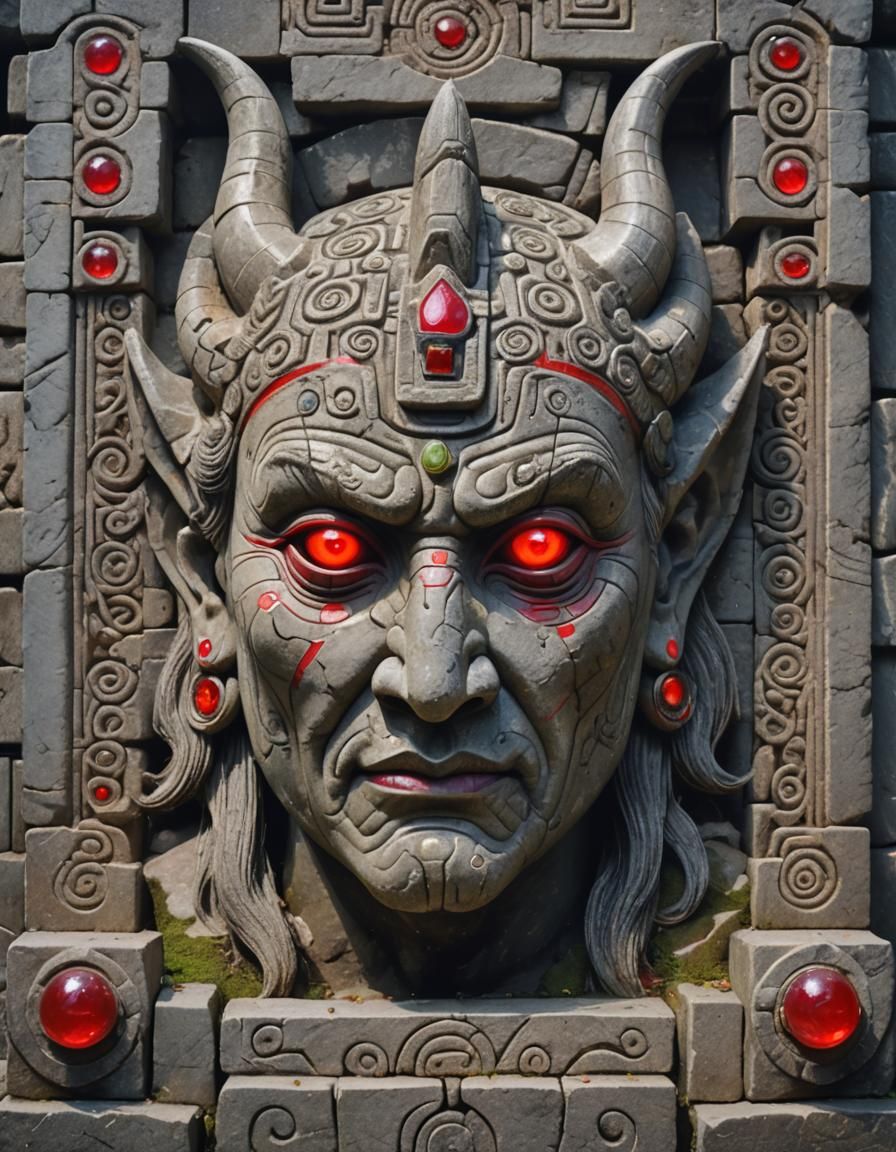 scenic picture of a ancient gambling god, grey stone face, p...