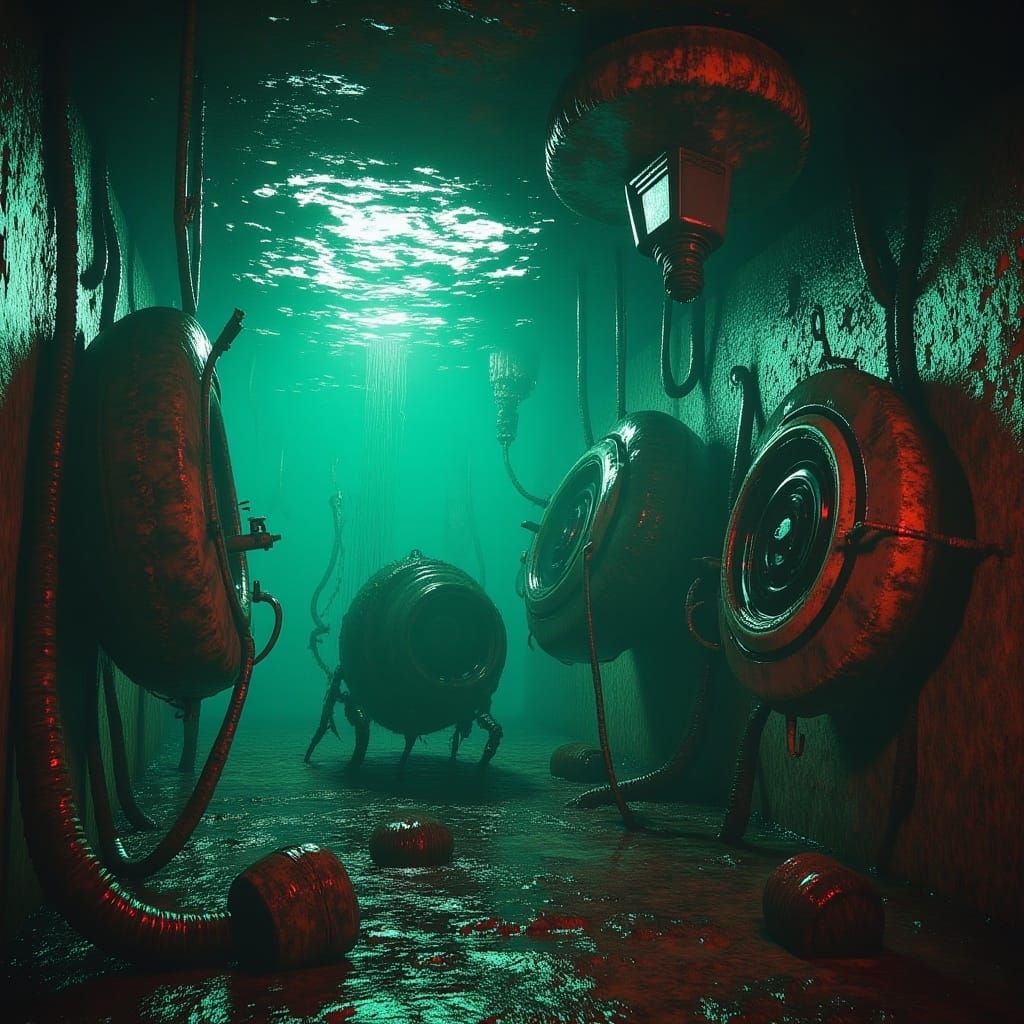 <lora:Submechanophobia v2:1.0>
80s horror movie scene: Submechanophobia aesthetic, Liminal underwater research center