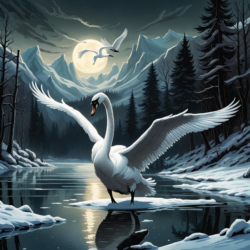 Un cygne déployant ses ailes au dessus d'un lac gelé . Nuit et aurores boréales. Hiver froid. a masterpiece, ...  by @Rolland Sebastien